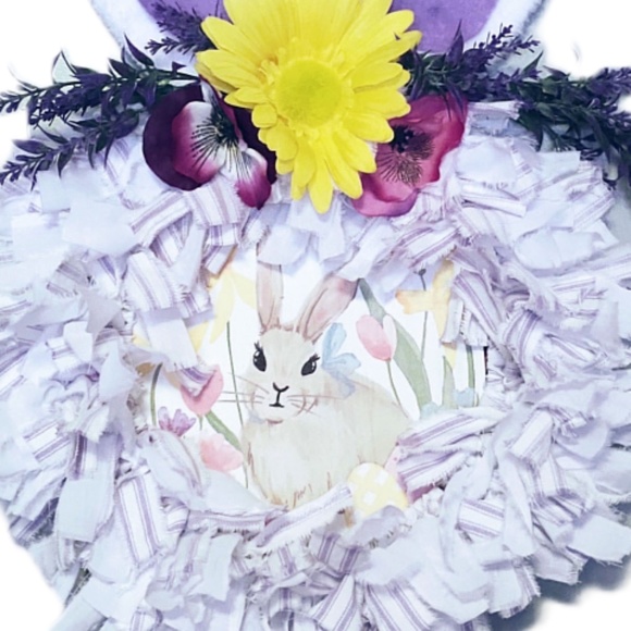 Hand Crafted Easter Bunny Rabbit Fabric Rag Wreath, Purple & White, Bunny Sign - Picture 8 of 9